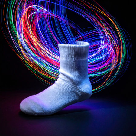 An ordinary white sock finds itself in an extraordinary dimension, surrounded by a vibrant vortex of swirling neon light trails.の素材