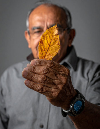 An elderly man holds a delicate, dry autumn leaf, a fragile symbol of the passage of time.の素材