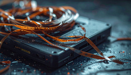 A close-up of a vintage audio cassette, drenched in water, its magnetic tape unspooled and tangled in a chaotic mess.の素材