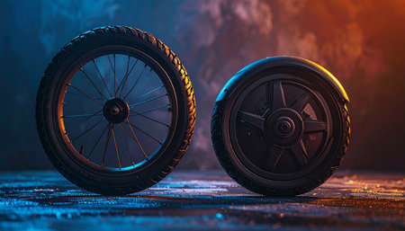 In a dimly lit, futuristic garage, two distinct wheels stand ready. Bathed in the contrasting glow of blue and orange neon lights, they await their next journey on the rain-slicked city streets.の素材