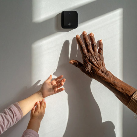 An elderly hand and a child's hand reach out together towards a modern smart home device on a sunlit wall.の素材
