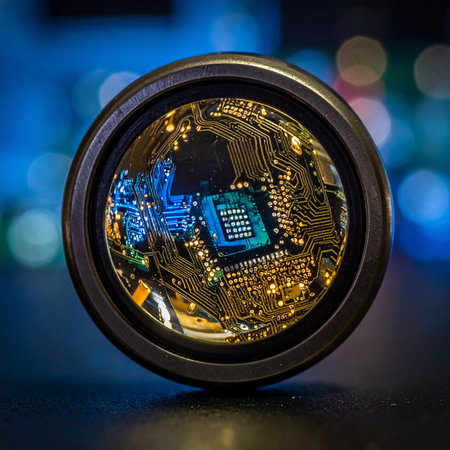 A macro view through a lens reveals the intricate, glowing heart of a computer processor.の素材