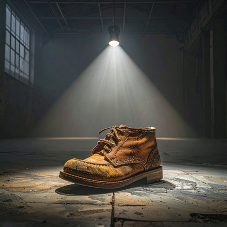 A single, well-worn leather boot sits alone under a solitary spotlight in an abandoned room.の素材