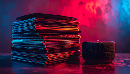 A stack of classic vinyl records sits next to a modern speaker, bathed in the vibrant glow of red and blue neon lights.の素材