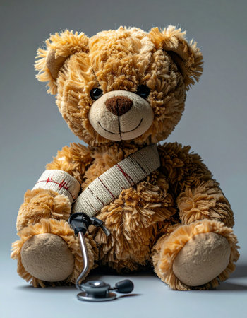A beloved teddy bear sits patiently after a checkup.の素材