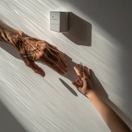 In a sunlit room, the wrinkled hand of an elder reaches out, bridging the gap of time to meet the small, hopeful hand of a child.の素材
