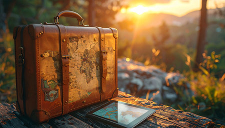 In the quiet glow of a forest sunset, a vintage suitcase covered in old maps rests beside a modern tablet.の素材