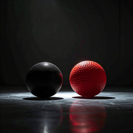 In the quiet intensity of a dimly lit gym, two textured slam balls, one black and one red, sit poised under a spotlight.の素材