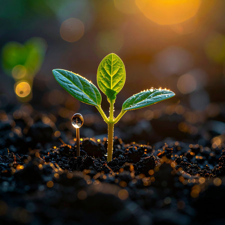 In the gentle warmth of the morning sun, a tiny seedling emerges from the rich, dark earth.の素材