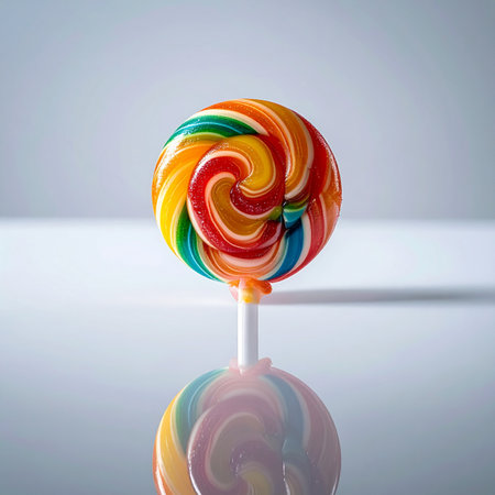 A single, vibrant rainbow swirl lollipop stands against a clean, reflective surface, its bright colors promising a moment of sweet nostalgia and simple joy.の素材