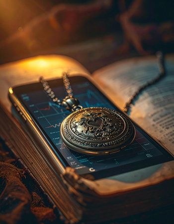 An antique locket, holding forgotten secrets, rests upon the glowing screen of a modern smartphone.の素材