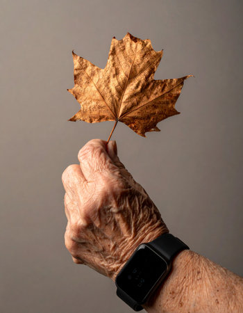 An elderly hand, marked by the wisdom of years and wearing a modern smartwatch, holds up a single dry autumn leaf.の素材