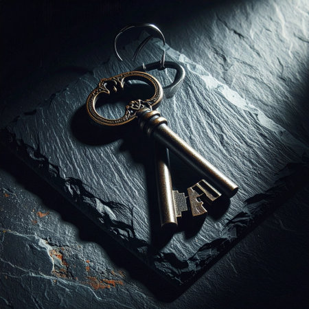 Bathed in a single beam of light, a set of antique keys rests upon a dark, textured stone. They hold the promise of unlocking forgotten secrets, hidden treasures, or the next great opportunity.の素材