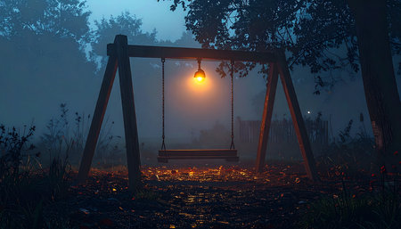 In the heart of a dense, fog-shrouded forest, an empty swing gently sways under the solitary glow of a warm light bulb.の素材