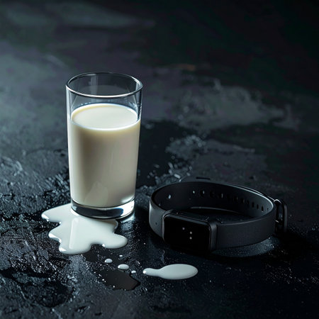 A glass of spilled milk sits next to a black collar on a dark, textured surface.の素材