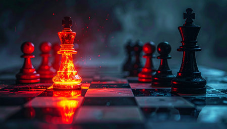 In a high-stakes game shrouded in mist, a single luminous red king stands defiant against its shadowy adversary.の素材