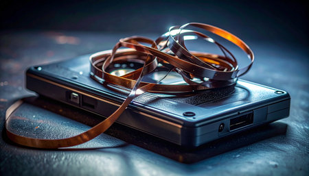 A vintage audio cassette lies on a cool, metallic surface, its magnetic tape unspooled in a chaotic tangle.の素材