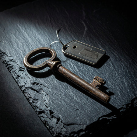 An old, rusty key with a blank tag rests on a dark slate surface, illuminated by a single light source.の素材