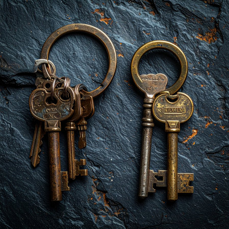 A collection of antique brass skeleton keys rests on a dark, textured slate surface.の素材