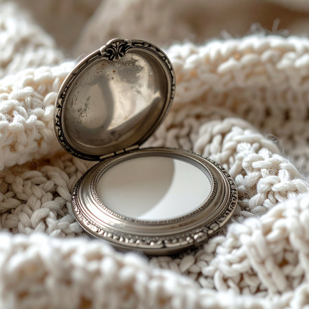 An antique silver locket lies open on a soft, cozy knit, its empty frame waiting to hold a cherished photograph.の素材