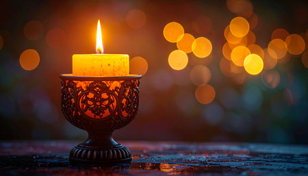 A single candle flame flickers warmly in an ornate holder, casting a gentle glow on a dark surface.の素材
