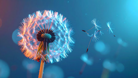 A single dandelion glows with ethereal neon light, its delicate seeds taking flight on a gentle breeze.の素材