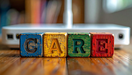 Colorful wooden blocks spell out the word 'CARE' in front of a modern internet router.の素材
