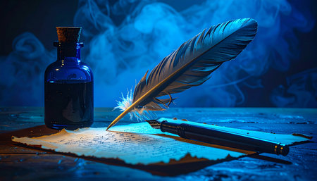 In a room filled with ethereal blue mist, a classic quill pen pauses over a sheet of ancient, burnt-edged parchment.の素材