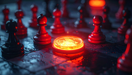 In a high-stakes game of global finance, a glowing cryptocurrency coin emerges as the central piece on a strategic chessboard.の素材