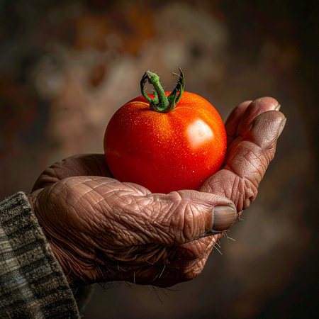 A weathered, wrinkled hand, showing a lifetime of hard work, gently holds a single, perfectly ripe red tomato.の素材