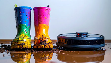 A modern-day challenge unfolds as a smart robot vacuum cleaner confronts the muddy aftermath of a child's outdoor adventure.の素材