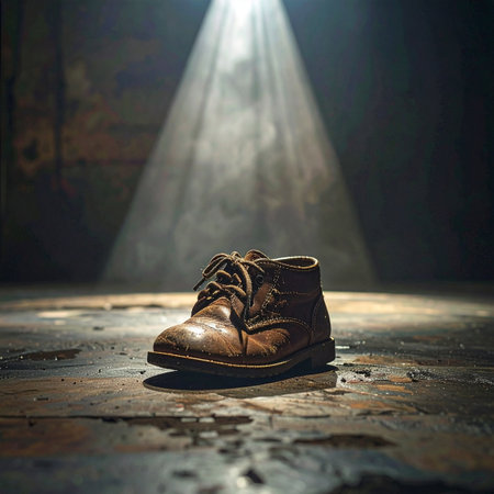 In a dark, forgotten room, a single beam of light illuminates a lone, worn shoe. It stands as a silent testament to a journey completed, a story untold, and a memory left behind.の素材