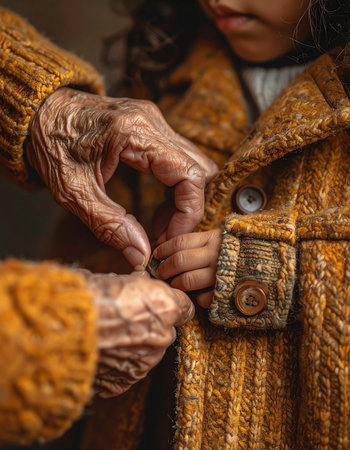 In a tender moment that bridges generations, the wrinkled, loving hands of an elder carefully button the warm, knitted coat of a small child.の素材