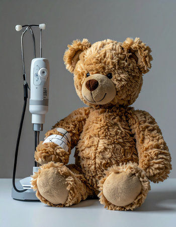 A beloved teddy bear sits patiently next to an IV drip, a small bandage on its paw.の素材