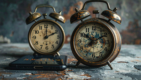 A pair of classic, old-fashioned alarm clocks rest on a textured, artistic surface.の素材