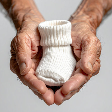 The wrinkled, loving hands of a grandparent gently cup a tiny white baby sock, symbolizing the beautiful connection between generations, the anticipation of a new life, and the enduring legacy of fam.の素材