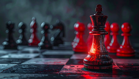 In the tense silence of a high-stakes match, the king stands as the final bastion, glowing with the red light of imminent conflict.の素材