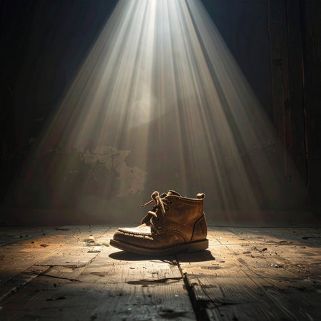 A single, weathered boot stands alone on a rustic wooden stage, bathed in a dramatic ray of light from above.の素材