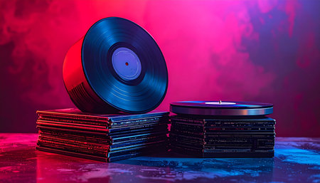 A collection of classic vinyl records sits bathed in the vibrant, atmospheric glow of pink and blue neon lights.の素材