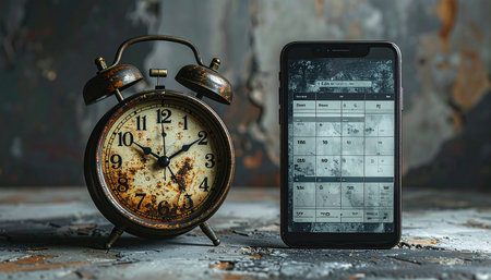 A vintage alarm clock stands beside a modern smartphone, a powerful visual metaphor for the evolution of time management.の素材