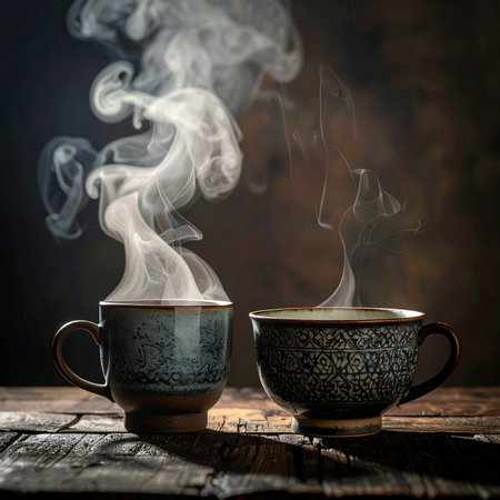 Two ornate ceramic mugs release intricate swirls of steam, filled with a freshly brewed hot beverage.の素材