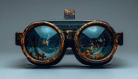 A pair of weathered, rusty steampunk goggles rests on a neutral background.の素材