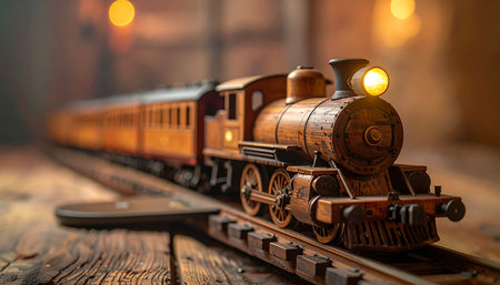 A classic wooden toy train embarks on a magical journey through a warmly lit room.の素材