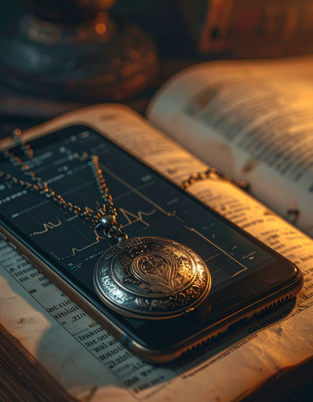 A classic, ornate pocket watch rests upon the glowing screen of a modern smartphone, both lying on the aged pages of a book.の素材