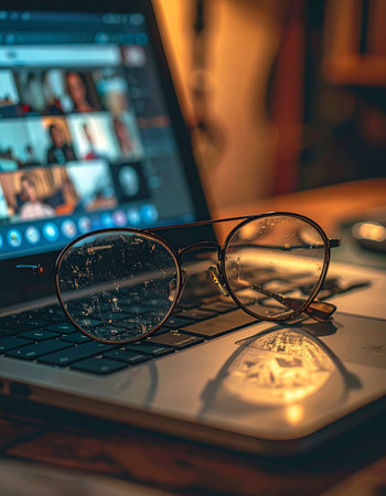 As the final virtual meeting of the day concludes, a pair of glasses rests on the laptop, a silent testament to a day spent connecting through screens.の素材