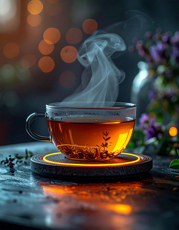 A steaming cup of herbal tea rests on a glowing warmer, its gentle vapor dancing in the soft light.の素材