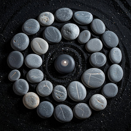 A single candle flame glows at the heart of a meticulously arranged stone spiral on a bed of dark sand.の素材