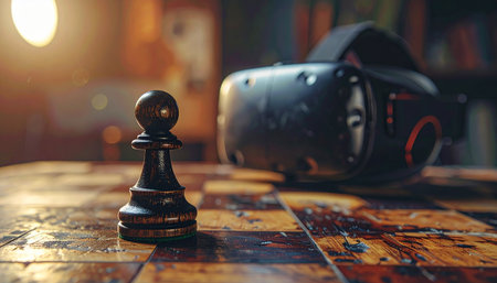 A solitary chess pawn stands ready on a classic, worn chessboard, its next move contemplated not just by a human mind, but by one connected to the immersive world of virtual reality.の素材