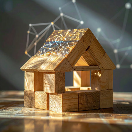 A model house built from wooden blocks stands as a symbol of a solid foundation, overlaid with a glowing digital network.の素材