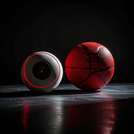 In a dramatically lit space, a classic, well-worn basketball rests next to its futuristic counterpart.の素材